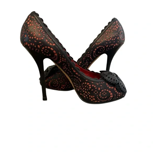 Dior Stilettos Size 38.5 Laser Cut Caprice Black Pink US Size 8.5 Peep Toe